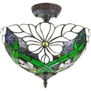 LumiLamp Plafondlamp Tiffany  Ø 36x35 cm Wit Groen Kunststof Glas Plaf...