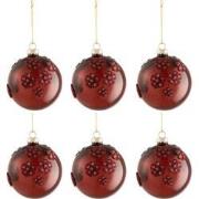 J-line - Doos Van 6 Kerstballen Bloemen Glas Burgundy Small - 8x8x8cm