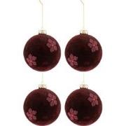 J-line - Doos Van 4 Kerstballen Bloemen Fluweel Glas Burgundy Large - ...