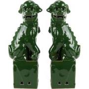 Fine Asianliving Chinese Foo Dogs Set/2 Porselein Groen Handgemaakt