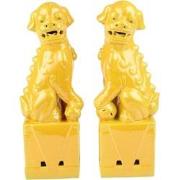 Fine Asianliving Chinese Foo Dogs Set/2 Porselein Geel Handgemaakt