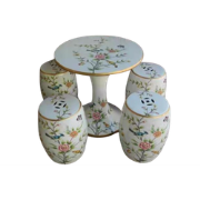 Fine Asianliving Keramische Kruk en Tafel Bloemen Wit Set/5 - Niamh