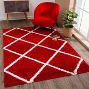 Tapijtenloods Madrid Shaggy Geruit Vloerkleed Rood Creme Hoogpolig- 16...