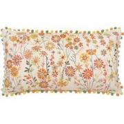 J-line - Kussen Rechthoek Bloemen+pompoms Katoen Wit/oranje - 65x35x15...