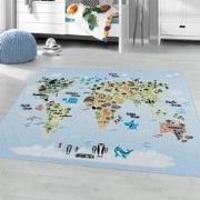 Tapijtenloods Play Vloerkleed Kinderkamer Wereldmap Laagpolig Blauw- 8...