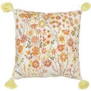 J-Line - Kussen Vierkant Bloemen+kwastjes Katoen Wit/oranje - 45x45x15...
