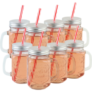 OTIX Mason jar Drinkbeker - met Rietje - Set van 8 - Zilvere dop - 450...