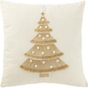 J-Line - Kussen Kerstboom Franjes+pompoms Katoen Wit/goud - 45x45x12cm