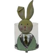 Clayre & Eef Windlicht Konijn 11x10x22 cm Groen Wit Metaal Glas Kaarse...