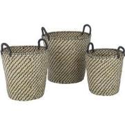 J-Line - Set Van 3 Mand Rond Handvatten Stro Naturel/zwart - 38x38x44c...