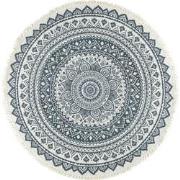QUVIO Tapijt rond met franjes en mandala opdruk - 90 cm - Gebroken wit...