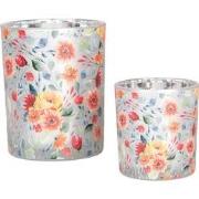 Clayre & Eef Theelichthouder Set van 2 Ø 7x8 / 10x13 cm Grijs Glas Blo...