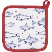 Clayre & Eef Pannenlap  20x20 cm Wit Blauw Katoen Vierkant Vissen Afgi...