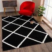 Tapijtenloods Madrid Shaggy Geruit Vloerkleed Zwart Creme Hoogpolig- 1...