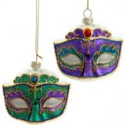 Ornament glas paars groen masker l7.5cm