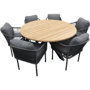 Set van Noas low dining table dia. 150 cm alu bronze/teak en 6 Rocha d...