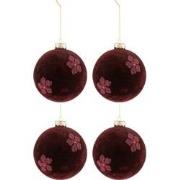 J-Line - Doos Van 4 Kerstballen Bloemen Fluweel Glas Burgundy Large - ...