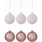 J-Line - Doos Van 6 Kerstballen 3+3 Rendier Glas Licht Roze/wit Small ...