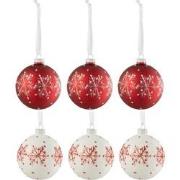 J-Line - Doos Van 6 Kerstballen Sneeuwvlokken Glitter Glas Wit/rd Smal...