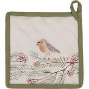 Clayre & Eef Pannenlap  20x20 cm Beige Groen Katoen Vogel Afgiet Panne...