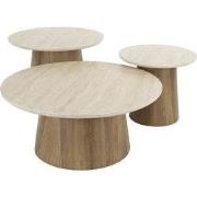 Salontafel Rond Walnoot/Travertin - 80x80x35cm - Set Van 3