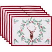 Clayre & Eef Placemats Set van 6 48x33 cm Wit Rood Katoen Hert Hulstbl...