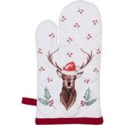 Clayre & Eef Kind Ovenwant 12x21 cm Wit Rood Katoen Hert Hulstbladeren