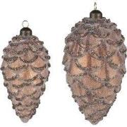 Clayre & Eef Kerstbal Set van 2 Dennenappel Ø 9 / Ø 7 cm Bruin Glas