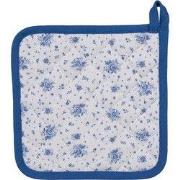 Clayre & Eef Pannenlap 20x20 cm Wit Blauw Katoen Roosjes