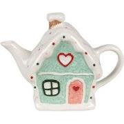 Clayre & Eef Theepot Gingerbread house 600 ml Wit Groen Keramiek