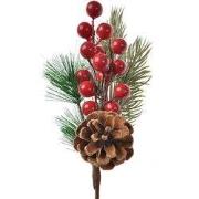 Clayre & Eef Decoratie Tak 25 cm Rood Groen Kunststof Dennenappels