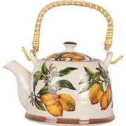 Clayre & Eef Theepot met Filter 800 ml Wit Geel Keramiek Citroenen