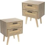 Nachtkastje set van 2 40x50,5x30 cm eiken bijzettafel met 2 laden en r...