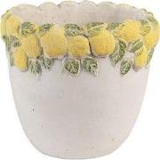 Clayre & Eef Bloempot Ø 16x15 cm Wit Geel Steen Citroen