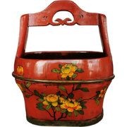 Fine Asianliving Antique Chinese Wooden Handpainted Basket Red