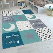 Kindervloerkleed - Aleris - Maan en ster - Turquoise - 80x150 cm