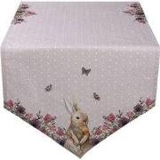 Clayre & Eef Tafelloper 50x160 cm Beige Roze Katoen Konijn Bloemen