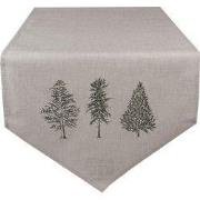 Clayre & Eef Tafelloper 50x160 cm Beige Groen Katoen Dennenbomen