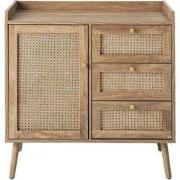 Commode met 1 deur en 3 lades, rotan fronten en houten poten, L80 cm -...