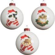 Kerstbal glas kat hoed d8 cm wit a3