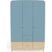 Armoire 3 portes et 4 tiroirs bleu orage et décor bois naturel - FIRMI...