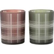 Windlicht geruit glas mat bruin/groen m 10x10x12,5 cm