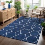Trellis Uni Effen Laagpolig Vloerkleed Modern Donkerblauw Navy- 160x23...