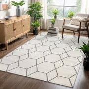 Trellis Uni Effen Laagpolig Vloerkleed Modern Creme- 80x200 CM