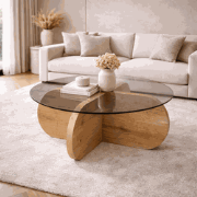 Ronde salontafel Aris eiken look melamine en rookglas 75 cm